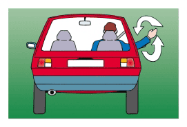 Driver hand signal: right arm extended straight out through left window, indicating turning left