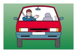 Driver hand signal: left arm reaching across body, indicating turning left