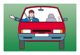 Driver hand signal: arm extended out driver side window, indicating turning right