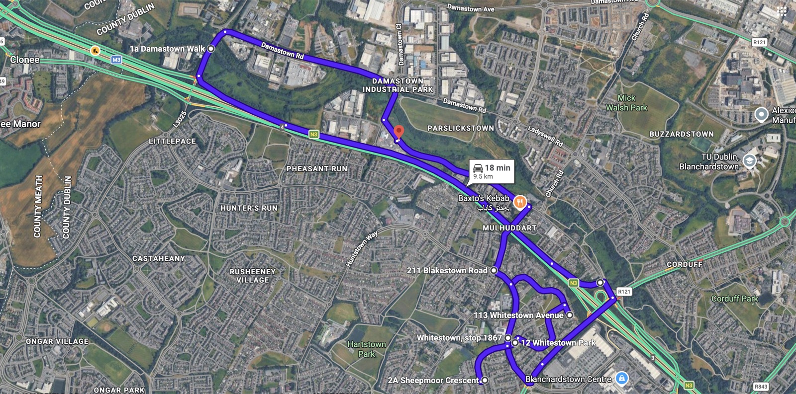 Satellite map of a Mulhuddart driving test route in west Dublin.