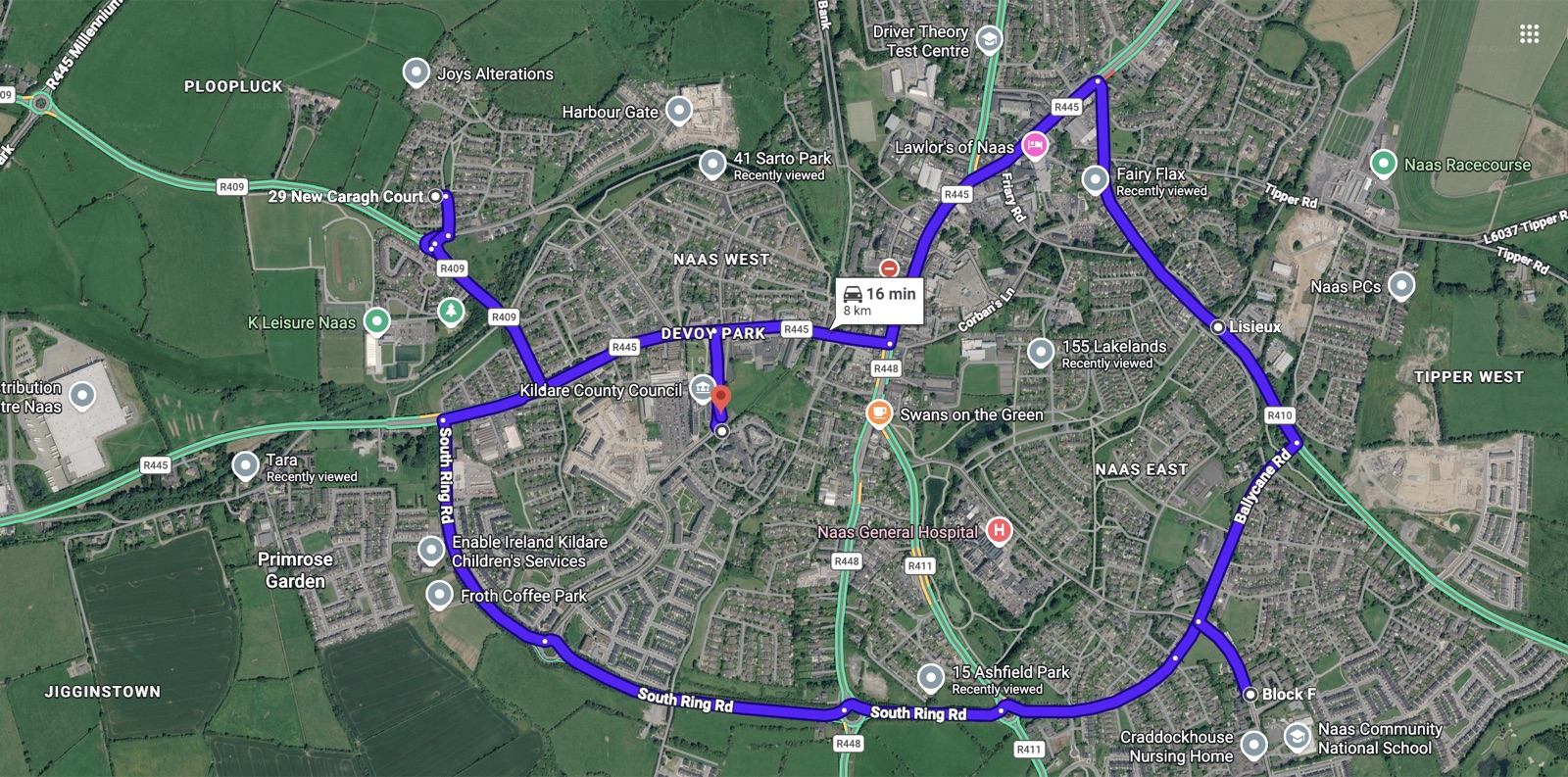 Satellite map of a Naas driving test route around Devoy Park, County Kildare.