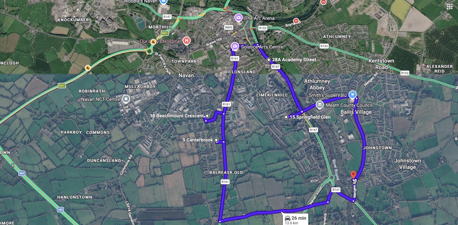 Satellite map of a Navan driving test route around the Navan RSA test centre, County Meath.