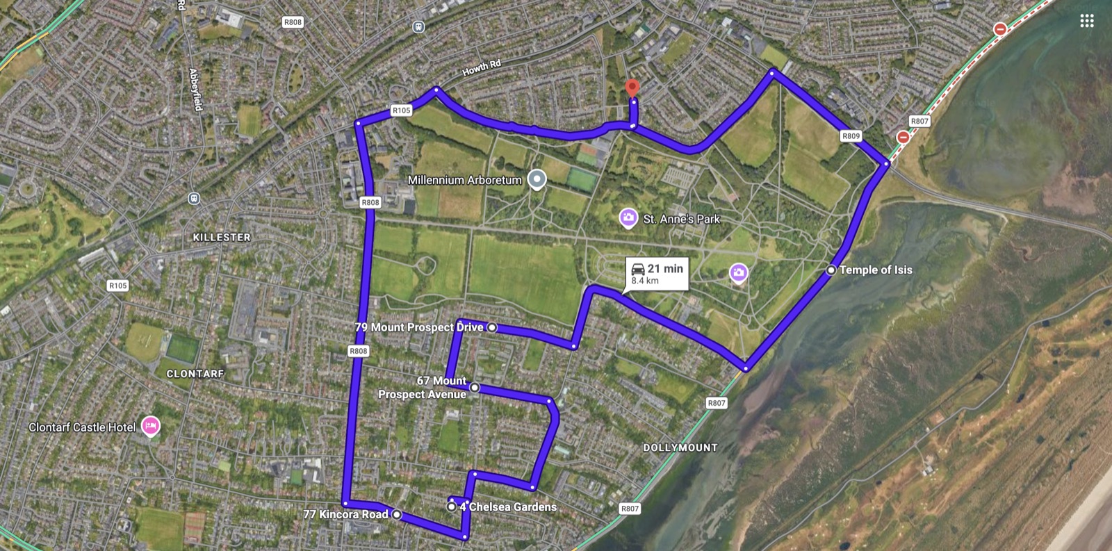 Satellite map of a Raheny driving test route in north Dublin.