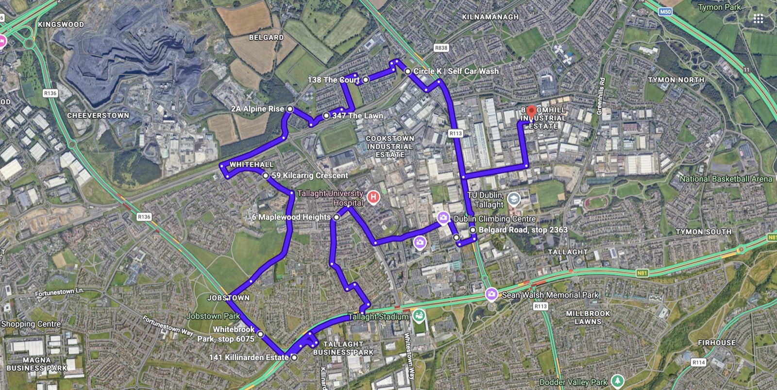 Satellite map of a Tallaght driving test route from Broomhill Industrial Estate, Dublin.