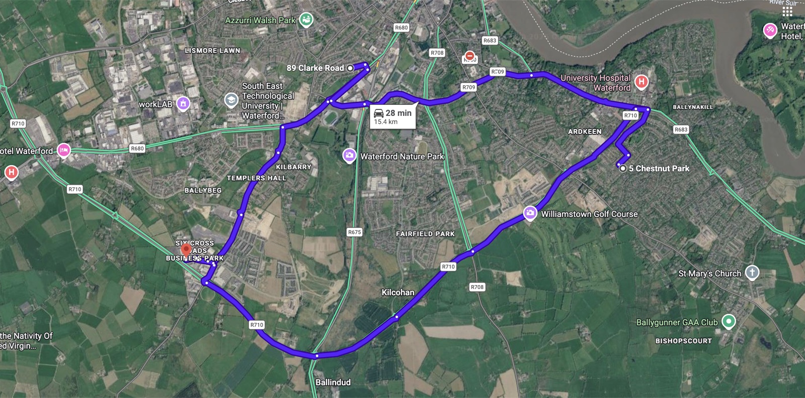 Satellite map of a Waterford driving test route in County Waterford.