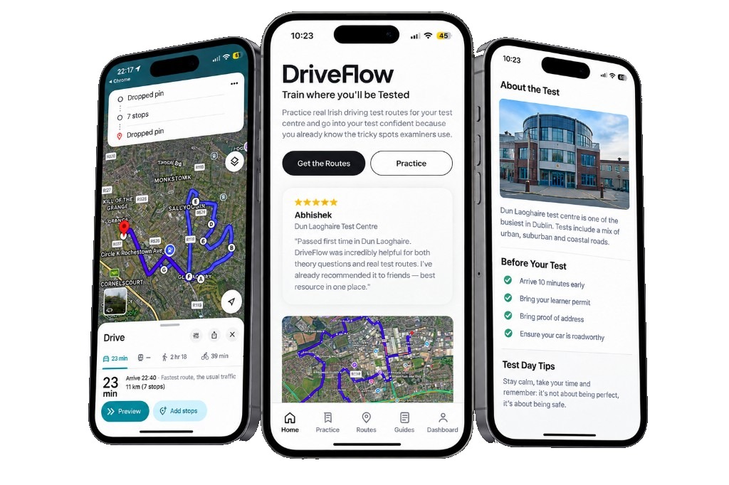 DriveFlow iPhone app screens showing test routes, practice tools, and test-day guides